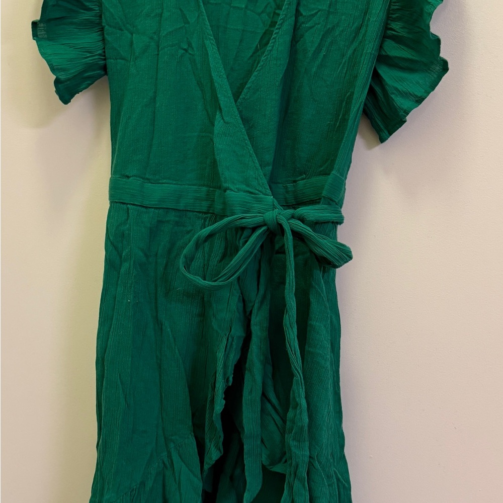 Green Wrap Dress with Ruffle Sleeves